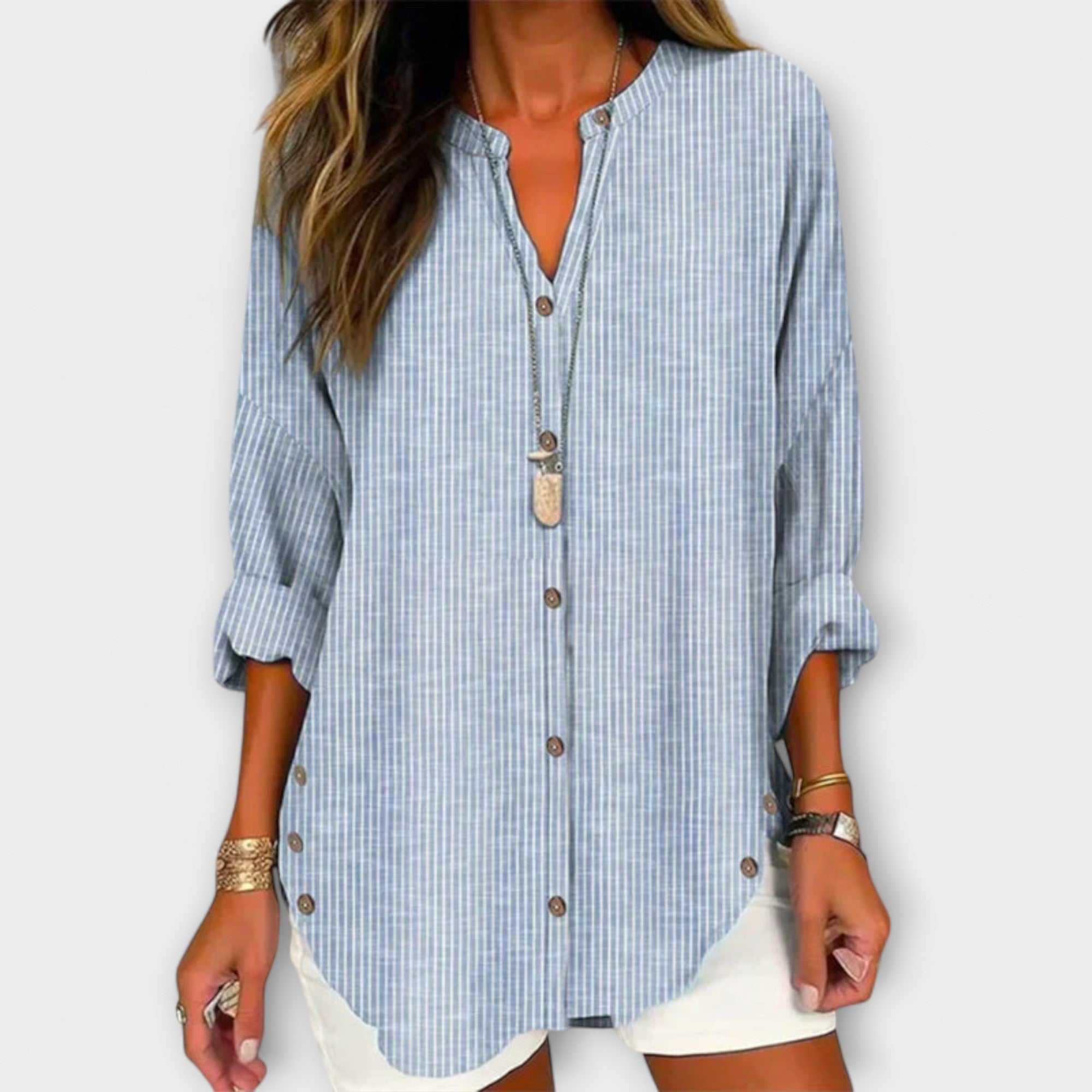 Lucida – V-neck top, elegant and classic stripe design