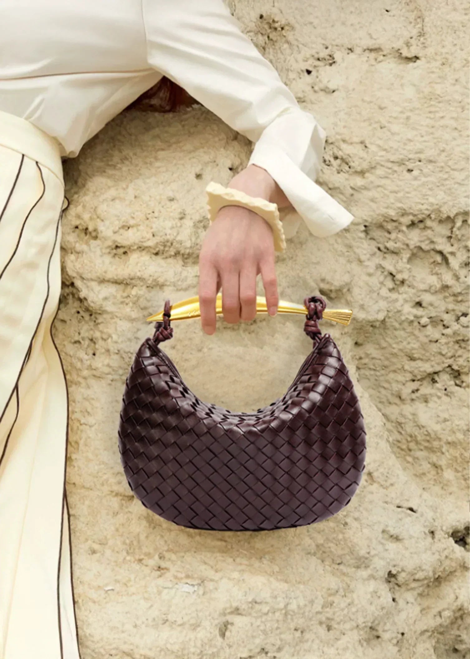 Alexandra – Woven Pattern Bag with Gold Handle