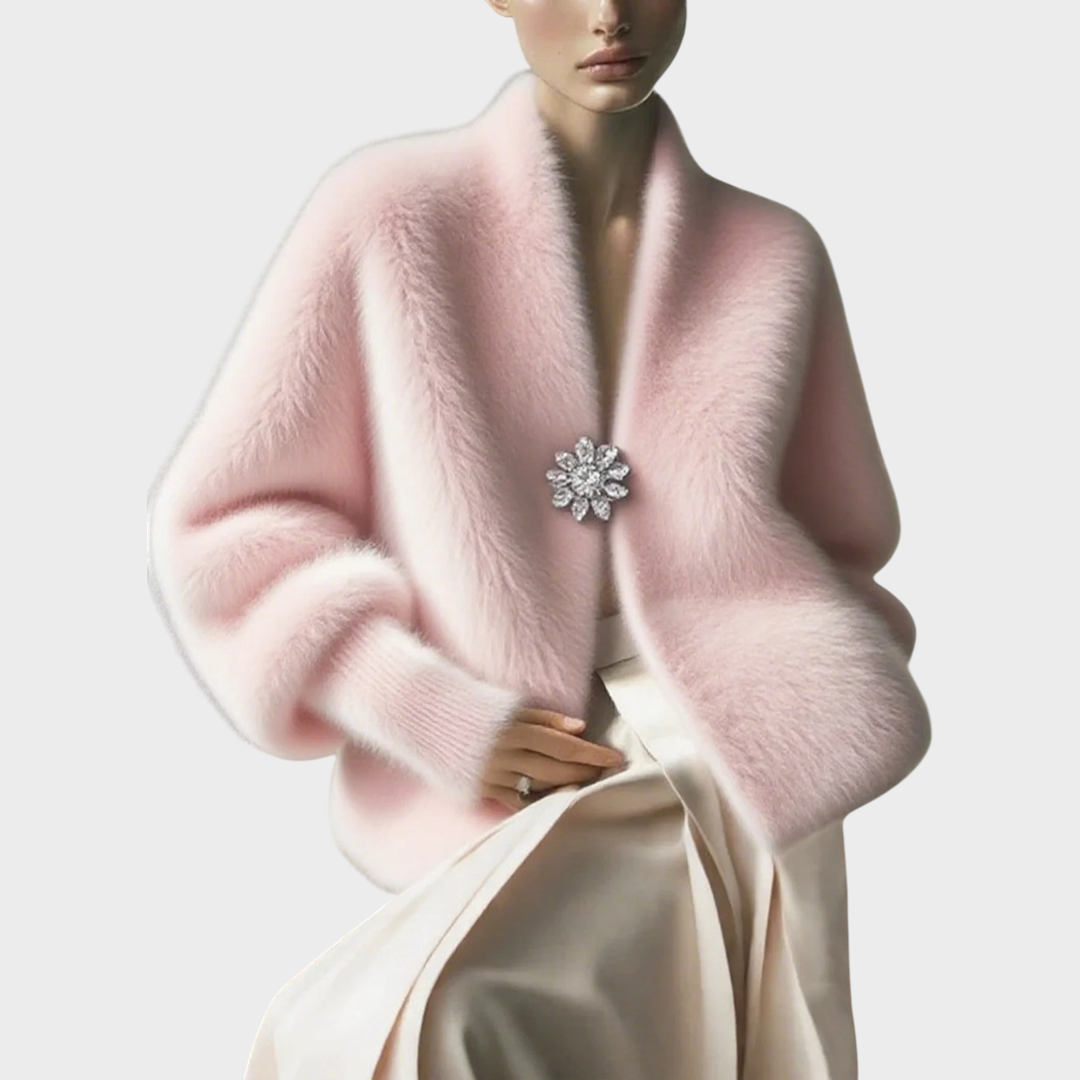 Cheska | Urban V-neck sweater made of synthetic mink with brooch