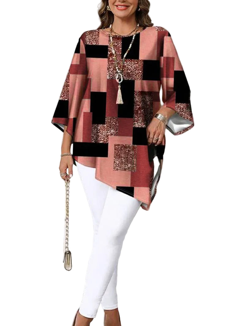 Nurit - Checkered Oversized Printed Blouse With Short Sleeve