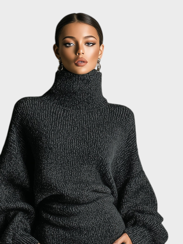 Bettina | Women's Khaki Knitted Midi Dress with High Neck and Oversized Silhouette