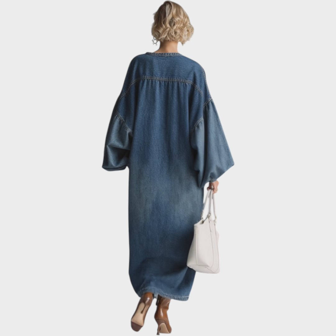 Salma | Elegant Urban-style Blue Denim Button-down Maxi Dress