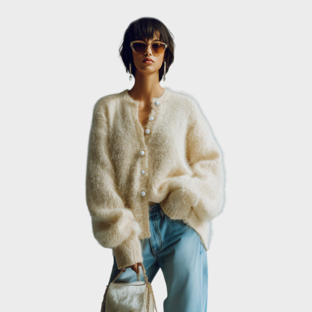 Alannah | Chic Vintage Veraman Round Neck Single Button Long Sleeve Sweater with Pearl Details Oversized Knitted Cardigan