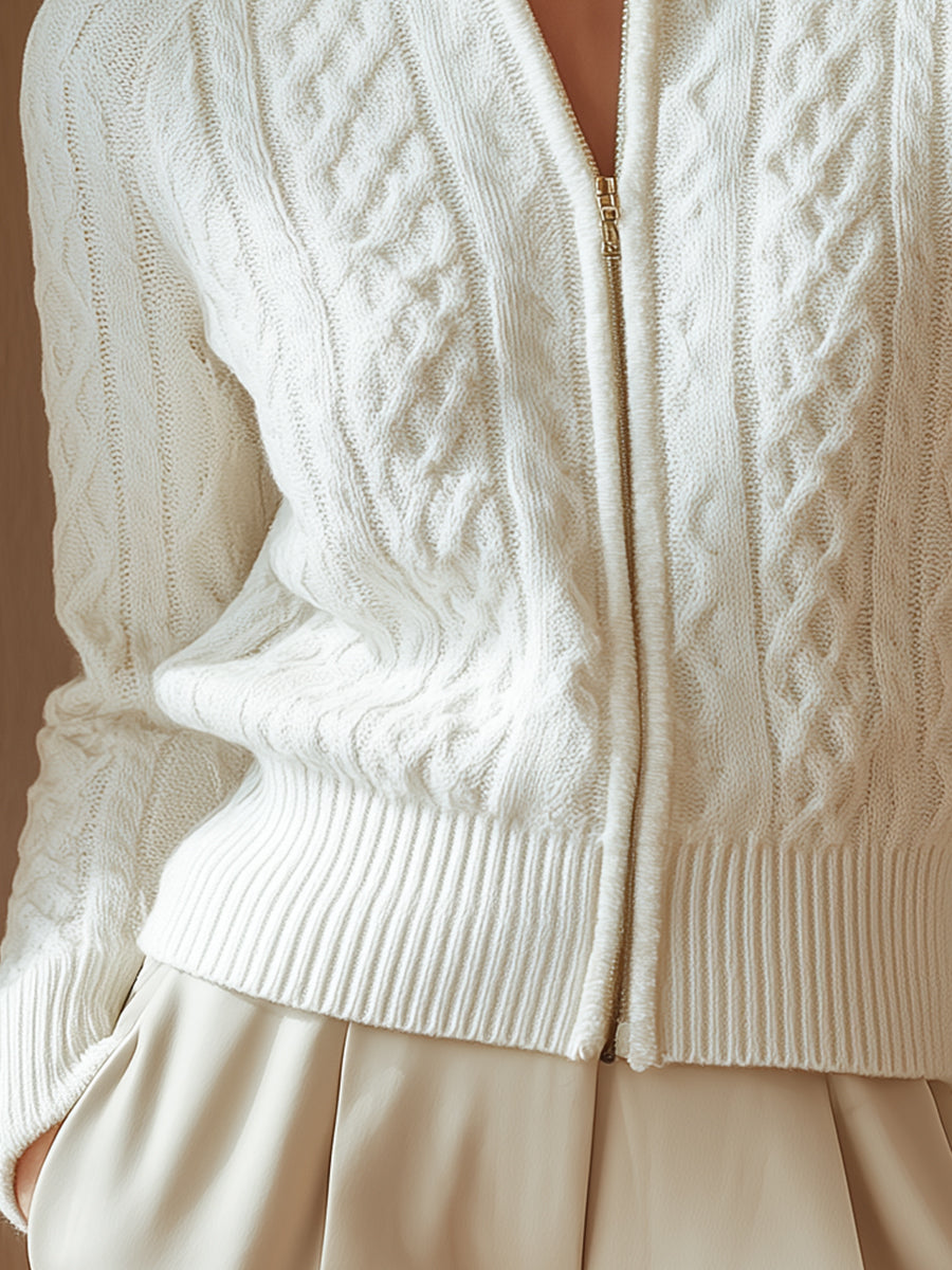 White cable-knit cardigan with zipper