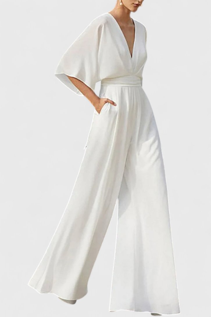 Isaura Long Elegant Jumpsuit with Wide Legs and V-Neckline