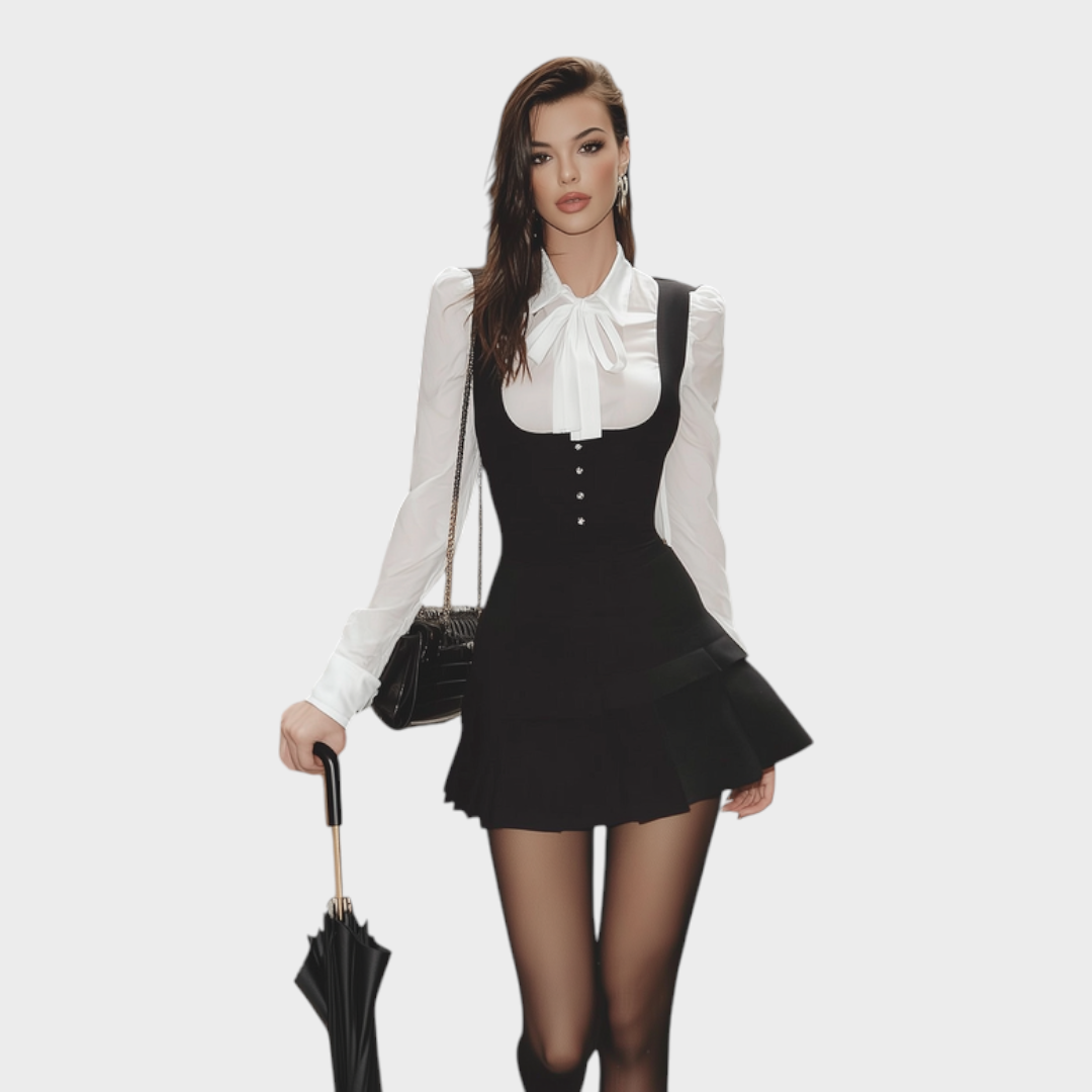 Maricris | Black Suspender Skirt And White Shirt Suit Set With Bow Detail