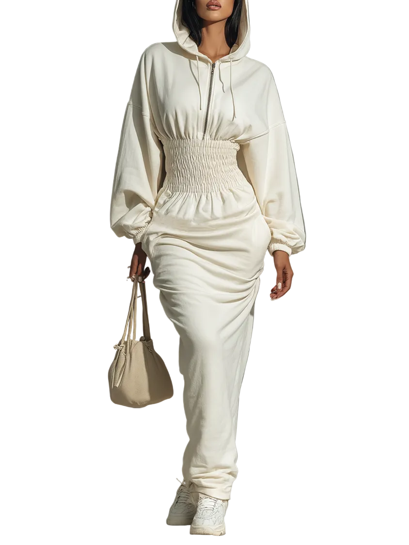 Rachel | Women's Minimalist Waist Shirring Hooded Sweatshirt Maxi Dress