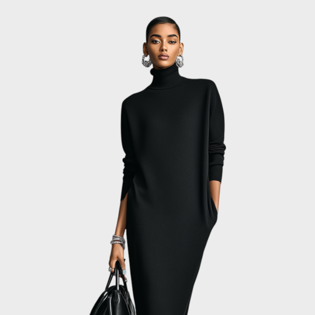 Caitlin | Women's Elegant Black Knit Dress with Turtleneck, Long Sleeves, Relaxed Fit