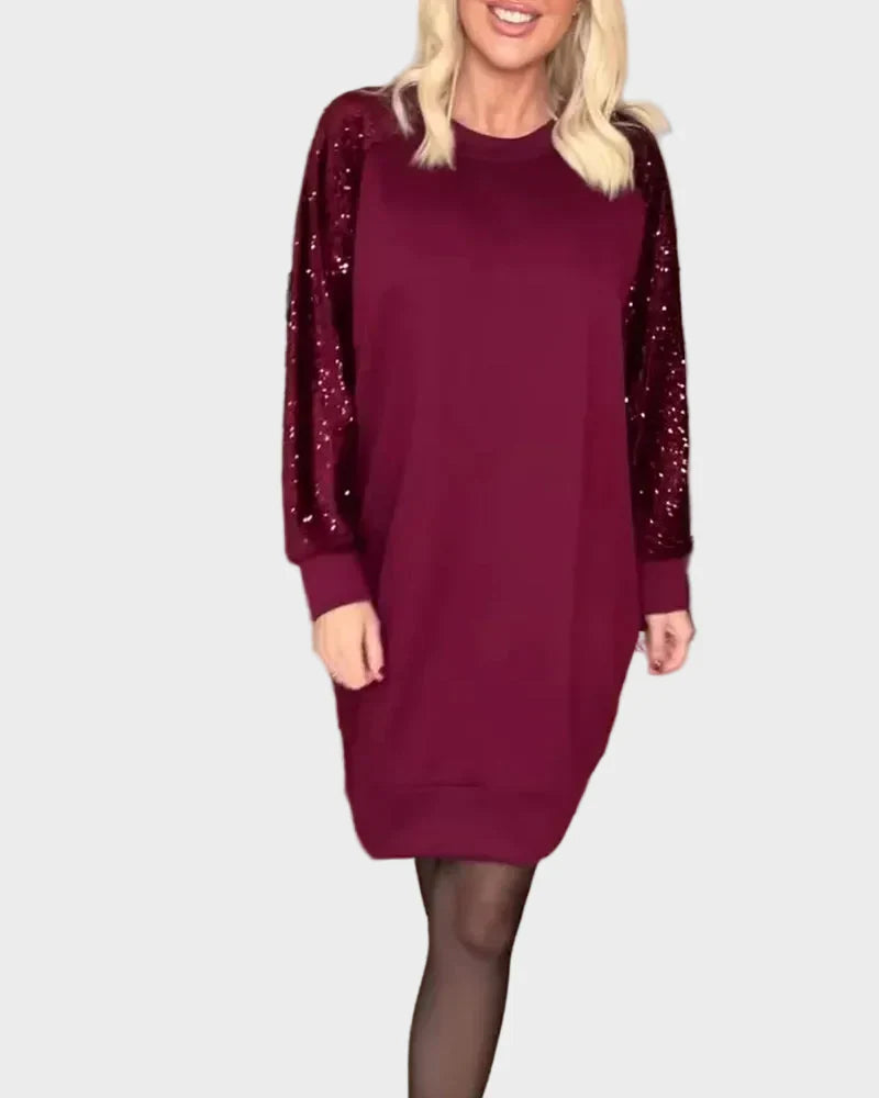 Cunningham - Dress with Round Neckline, Long Sleeves, and Sequins