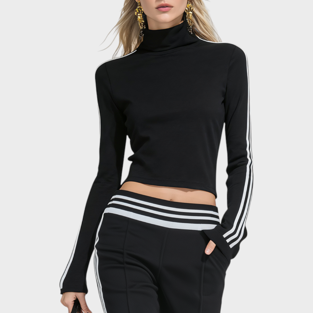 Rowena | Sporty And Stylish Stand-up Collar T-shirt And Flared Pants Set