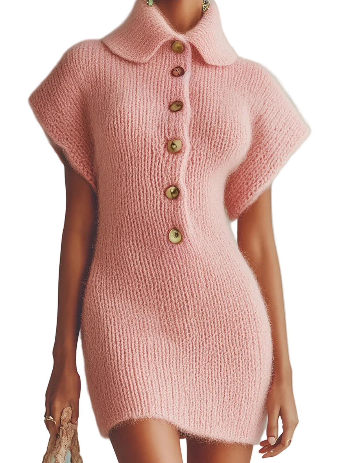 Sofie | Vintage Pink Turn-Down Collar Button-Front Short-Sleeve Fitted Fuzzy Knit Mini Dress