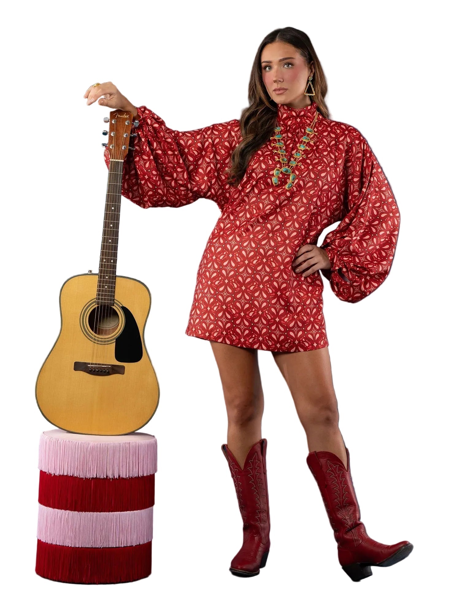 Kayla - Bohemian High Neck Lantern Sleeve Mini Dress