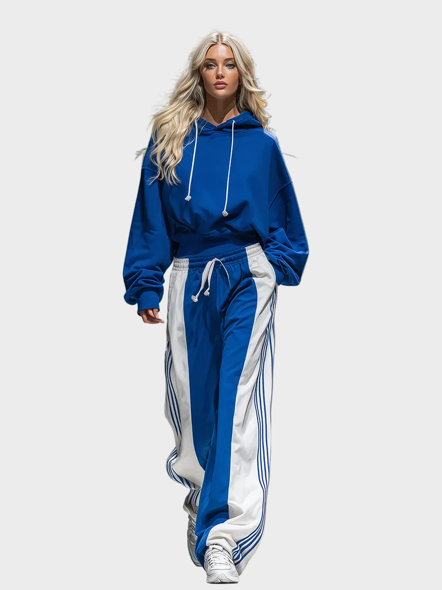 Tiana | Retro Sporty Hoodie And Striped Wide-leg Pants Set