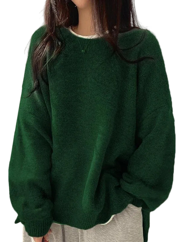 KIARA - Women's Drop Shoulder Split Hem Round Neck Sweater