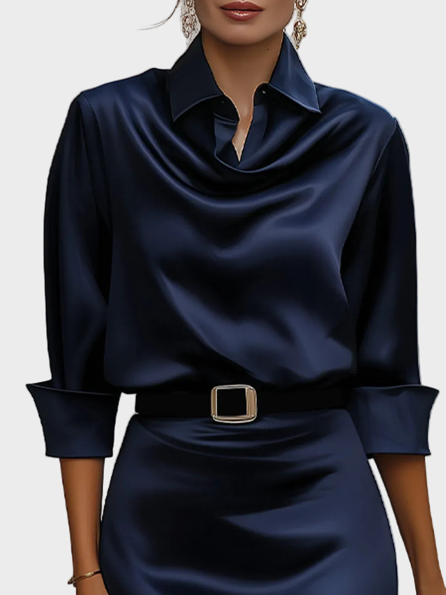 Delilah | Elegant Satin Draped-Collar Midi Dress With Black Belt