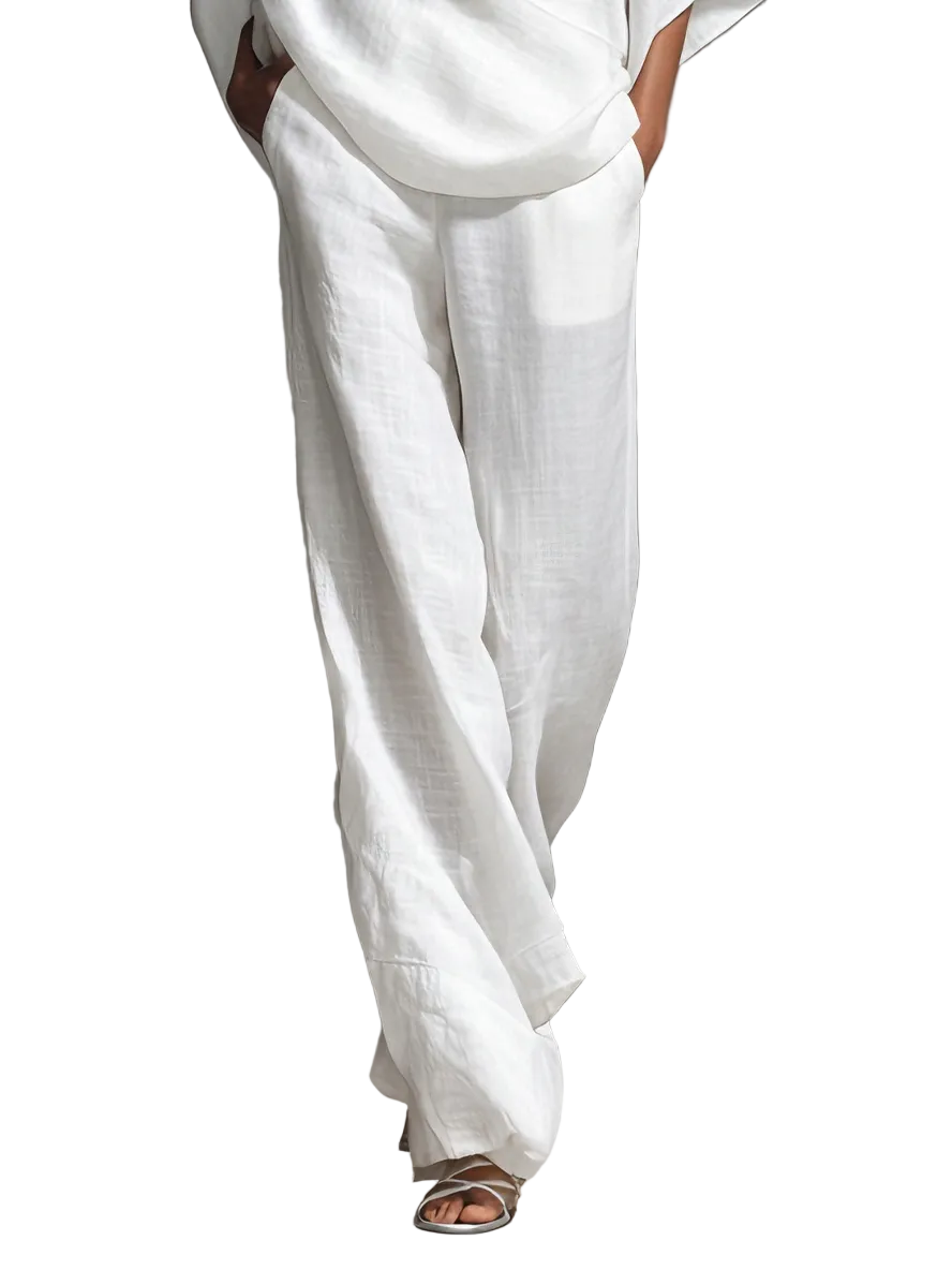 Chloe | Women's Relaxed Linen-Blend White Boat-Neck Batwing-Sleeve Oversized Top & Wide-Leg Pants Set