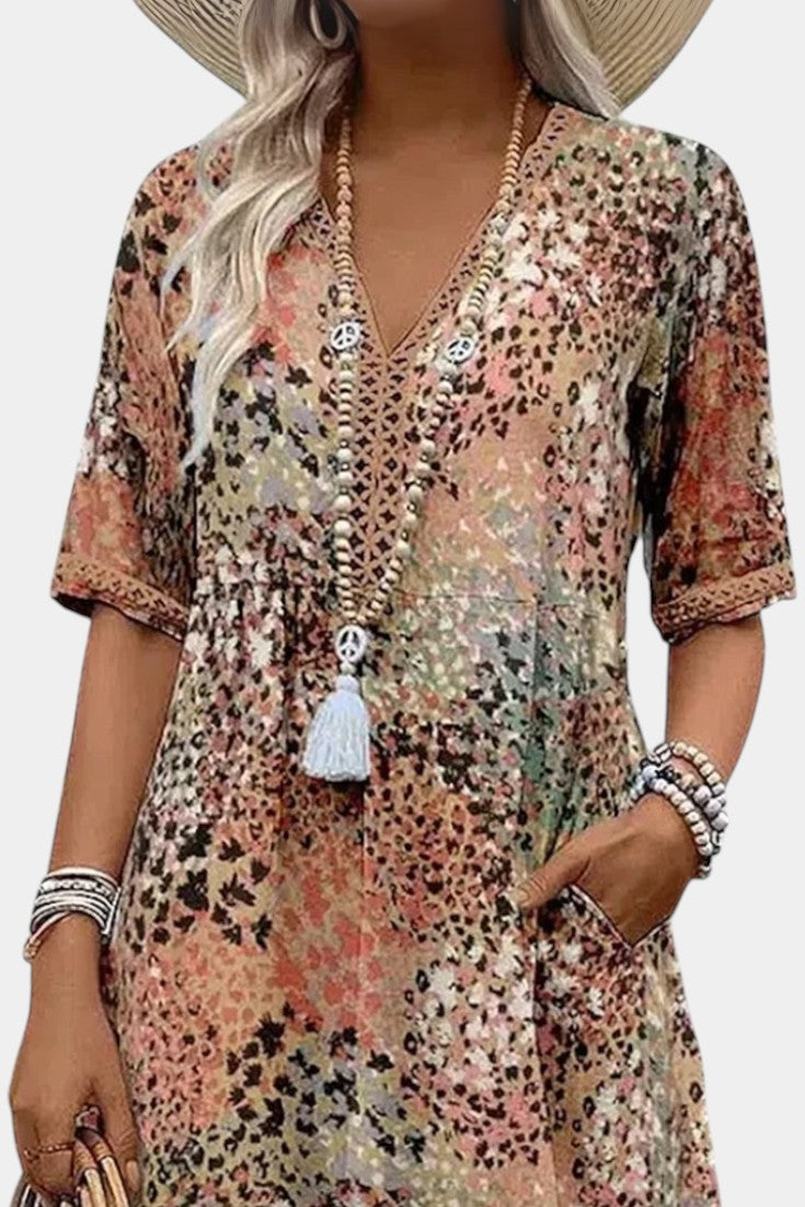 Perla Boho Dress with Floral Pattern and Knitted Details