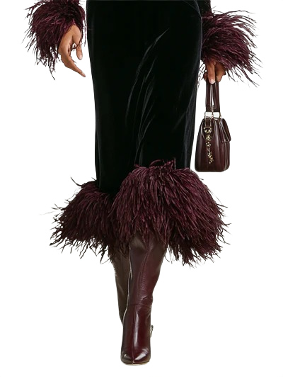 Anna - Women's Minimalist Velvet Patchwork Faux Ostrich Feather Cuffs And Hem Maxi Dress