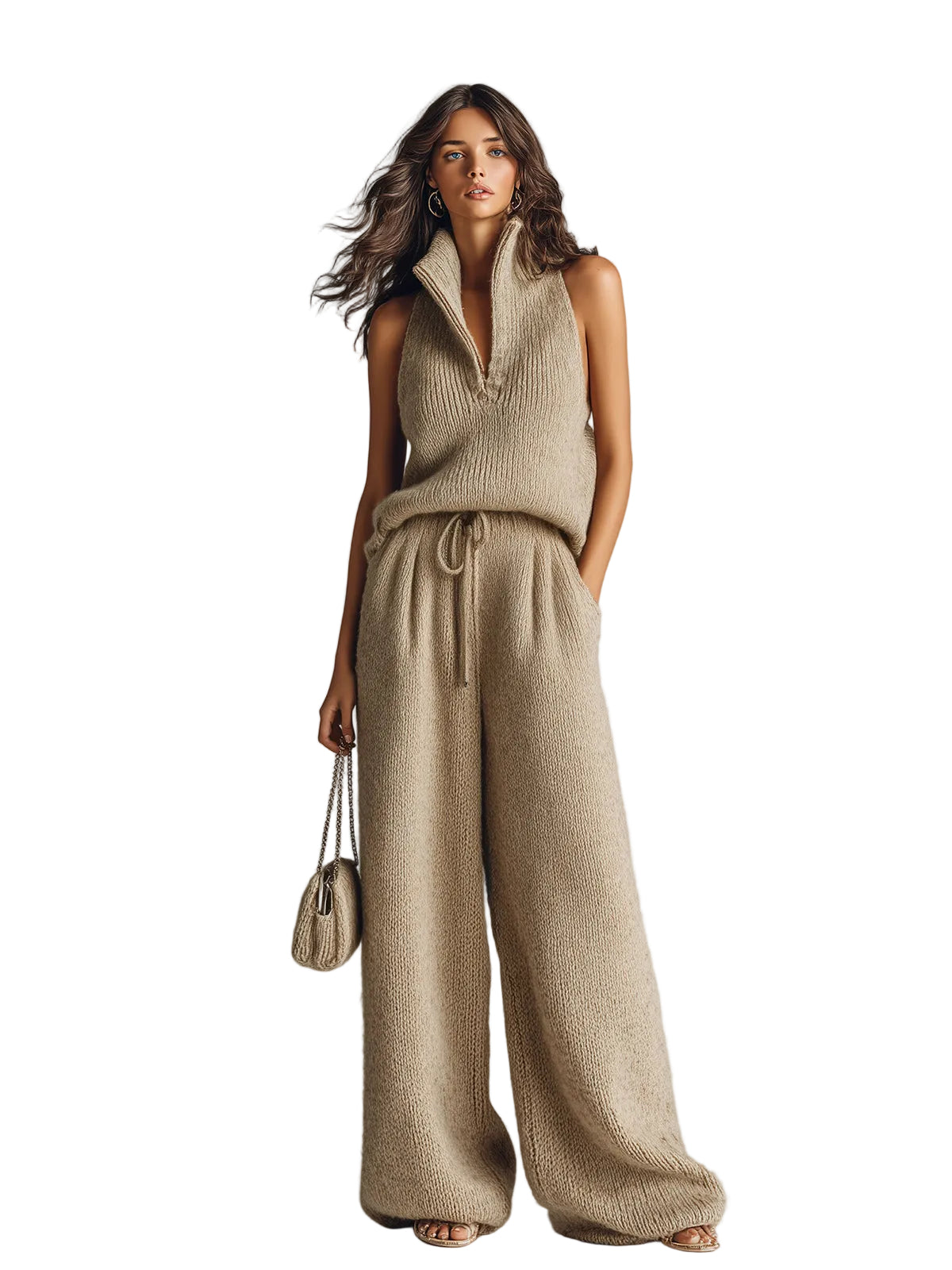 Kelly - Elegant Camel Stand Collar V-Neck Sleeveless Sweater Wide-Leg Pants Ribbed Knit Two-Piece Set