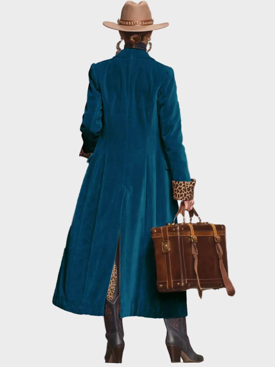 Sonia |Velvet Single-Breasted Coat with Lapel and Leopard Print