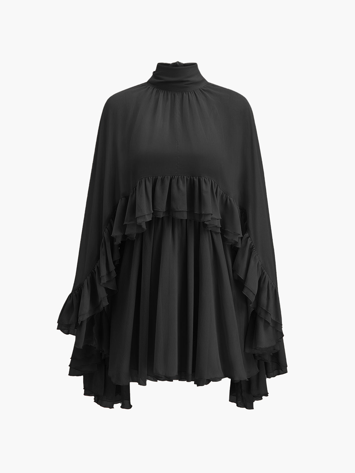 Kim - Semi-Sheer Chiffon Ruffle Dress With Outer Cape