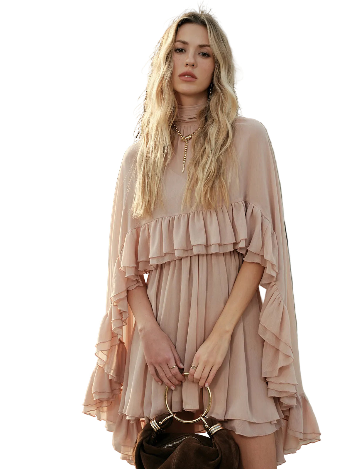Kim - Semi-Sheer Chiffon Ruffle Dress With Outer Cape