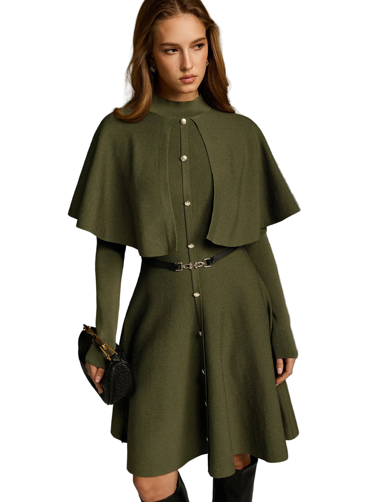 Coleen | Capelet-Style Button-Front Belted Midi Dress