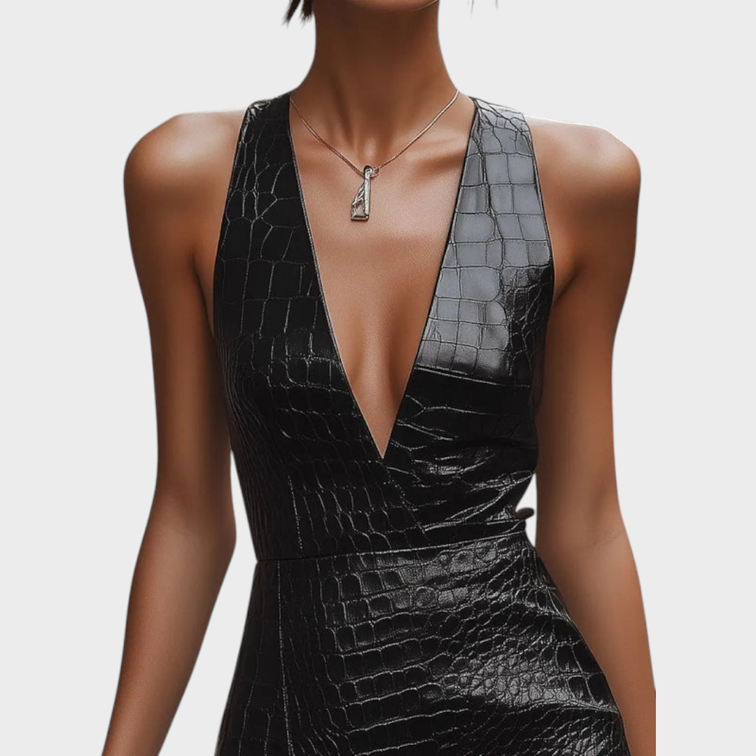 Verlyn | Black Croc-Embossed Leather Bodycon - Mini Dress