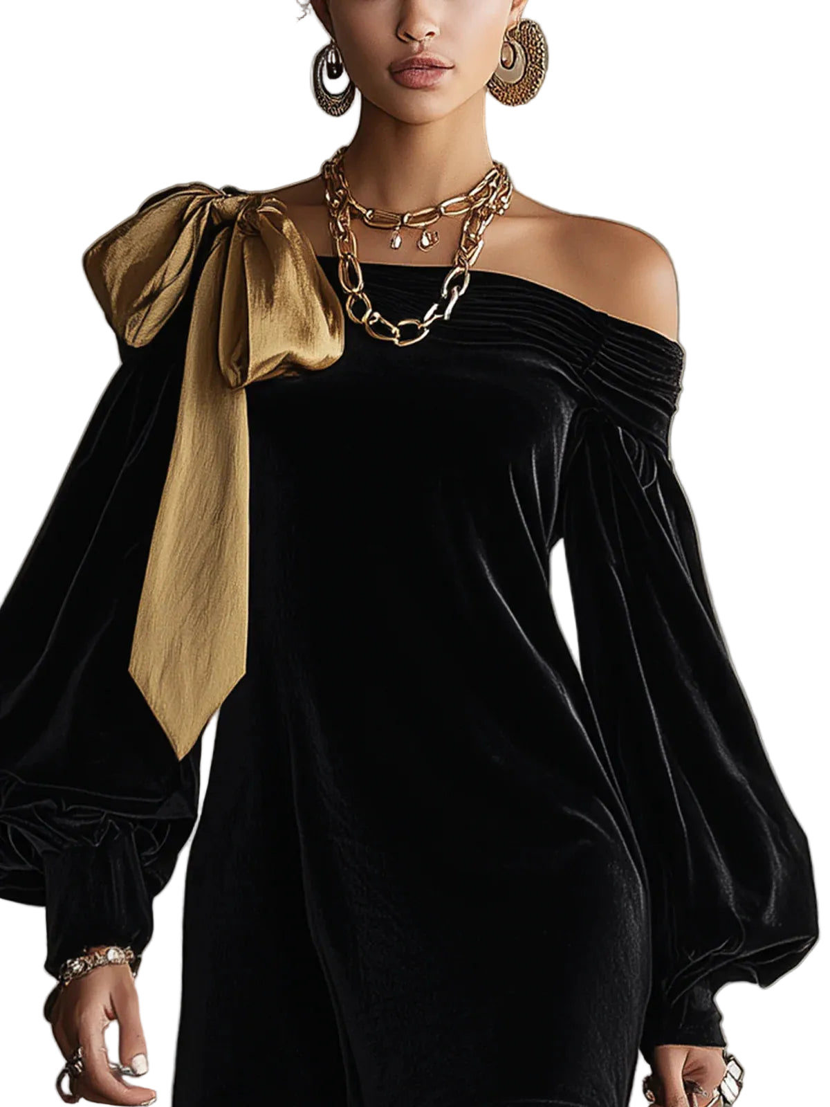 Selina | Black Velvet And Gold Satin Patchwork Off The Shoulder Mini Dress