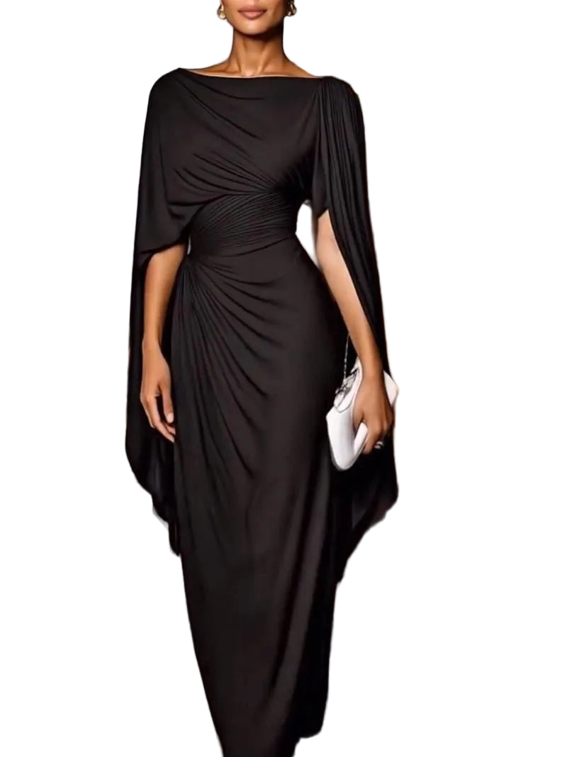 Helga - Elegant Draped Cape Sleeves Maxi Dress