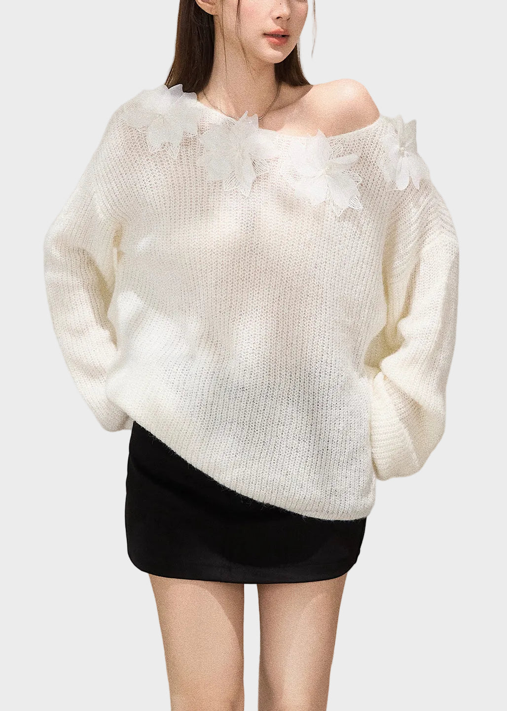 Mercedes | Boho White Oversized Floral Decorated Knit TopS Fall