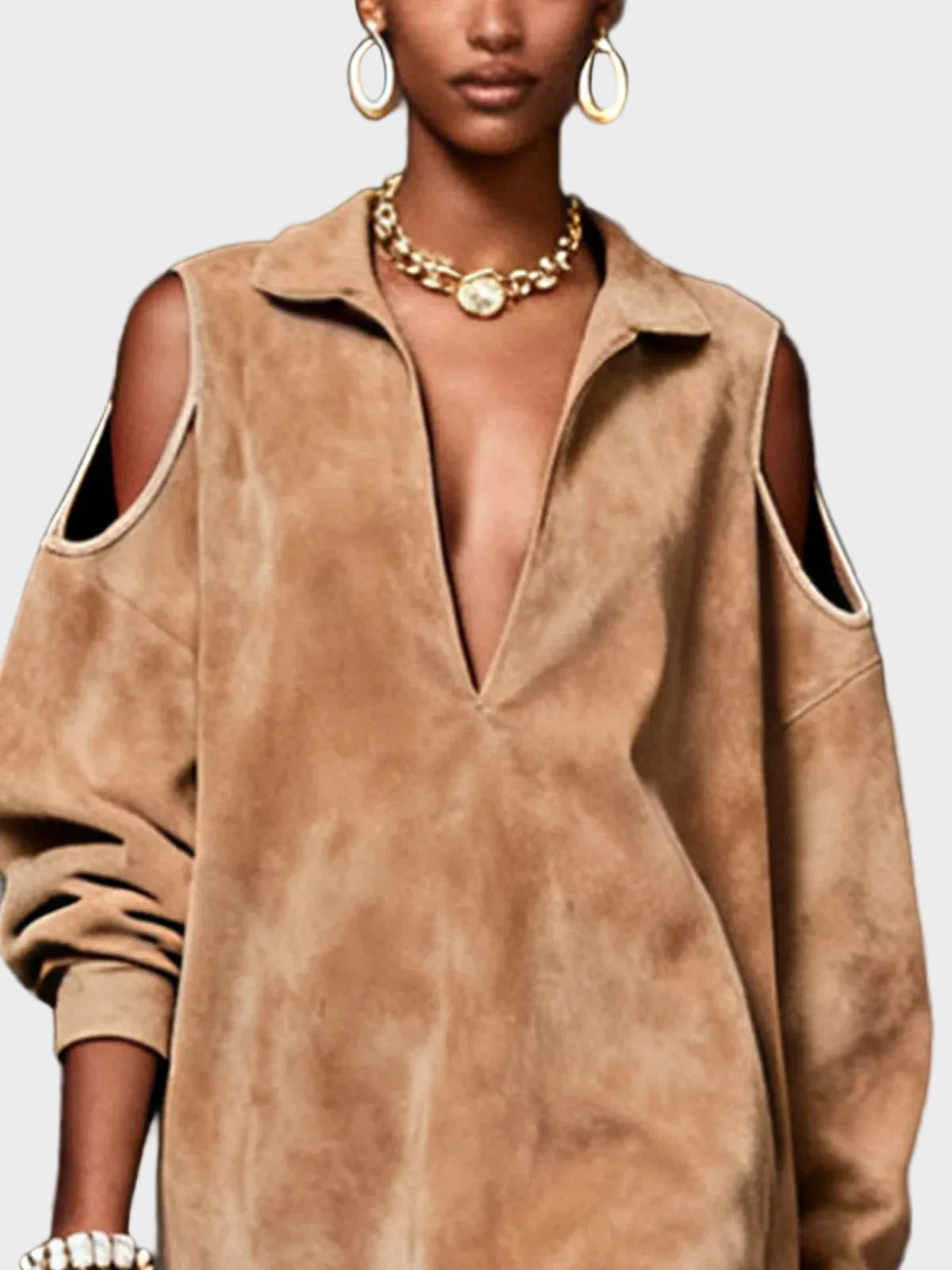 Fiona | Camel Faux Suede Cold-Shoulder Mini Dress