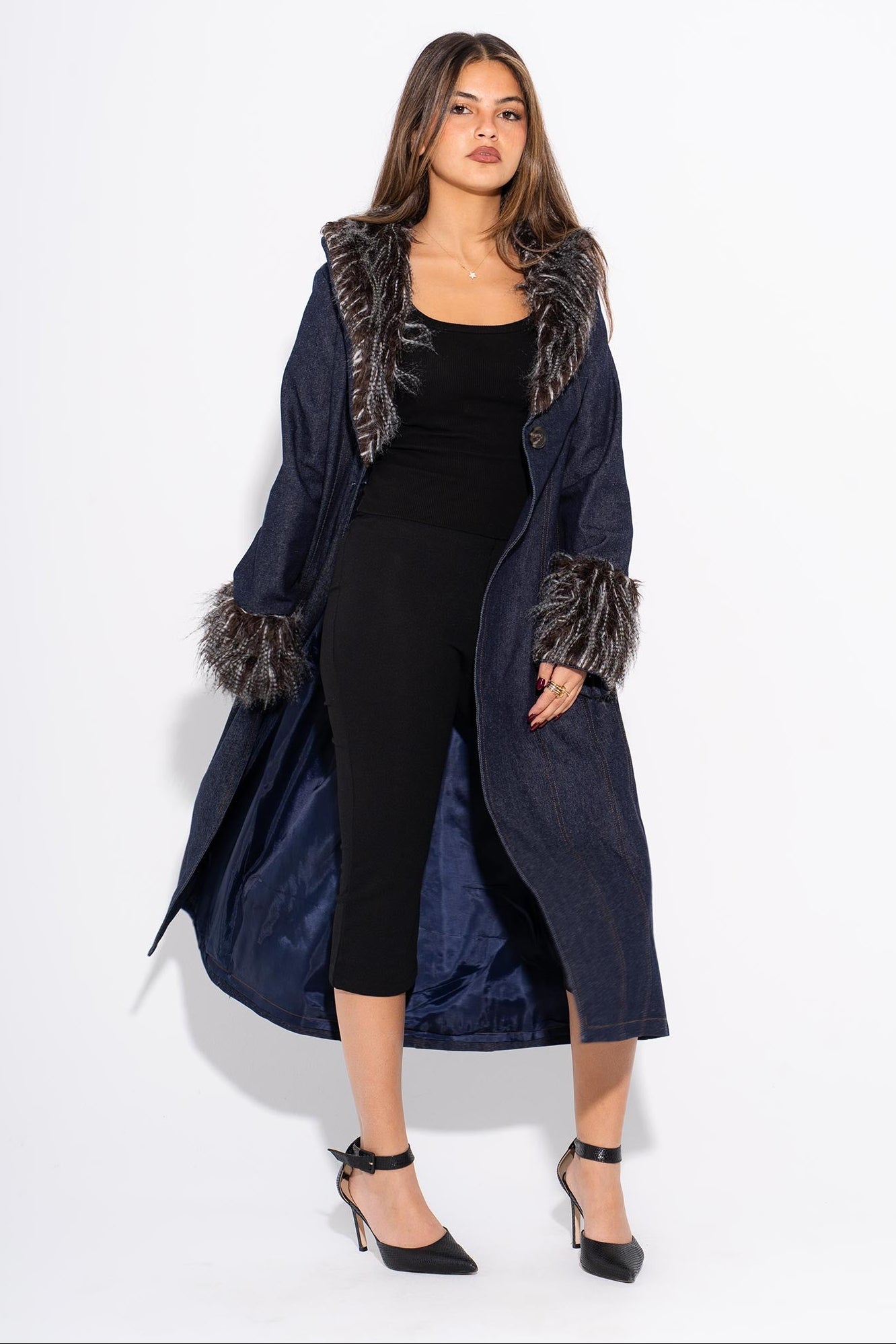 Evlampia | Denim Coat with Fur - Black