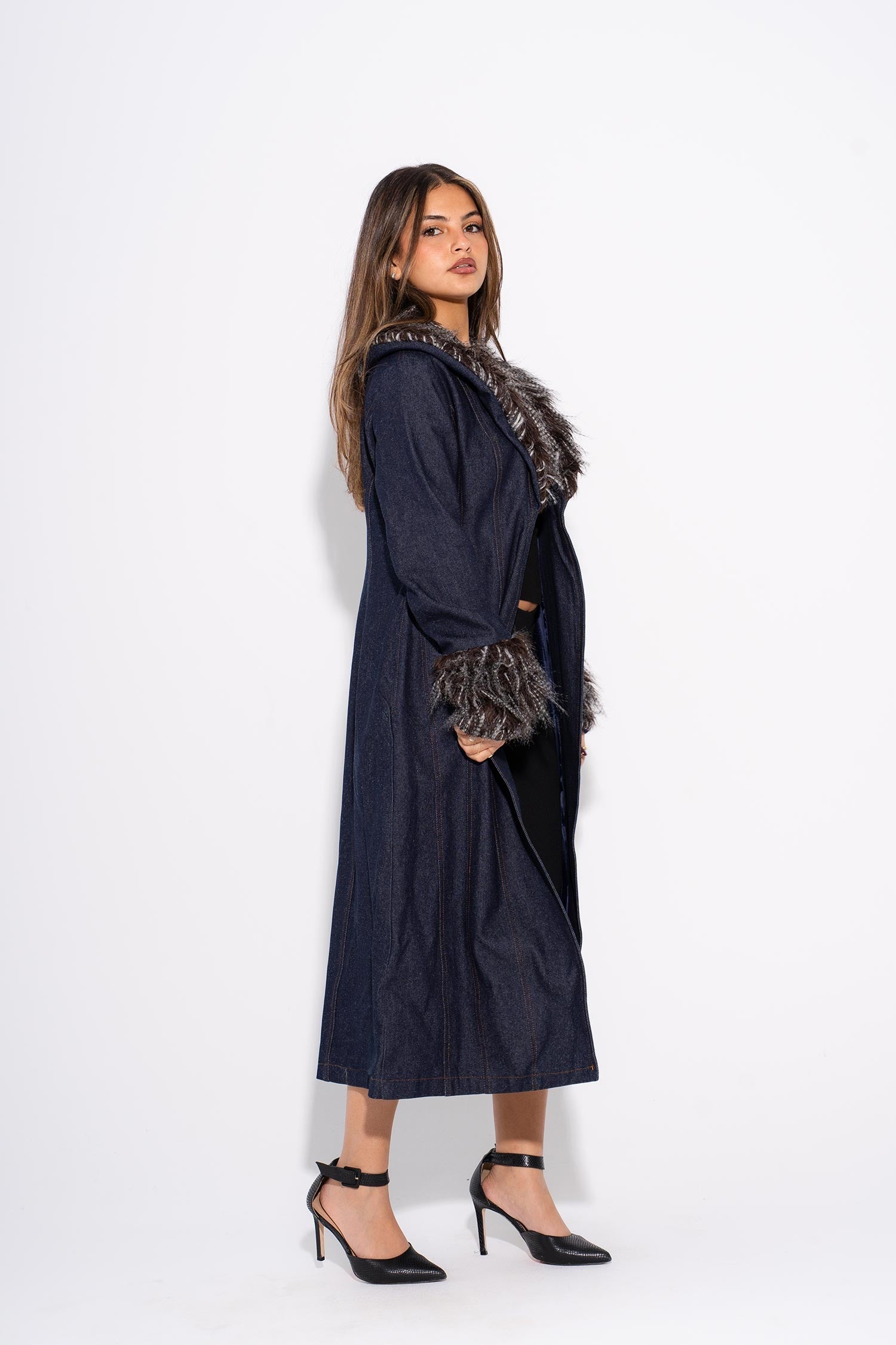 Evlampia | Denim Coat with Fur - Black