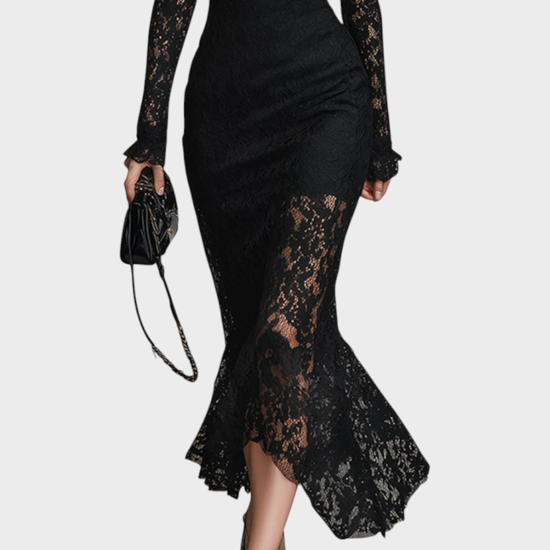 Fern | Elegant Black Stretch Lace Fishtail Maxi Dress