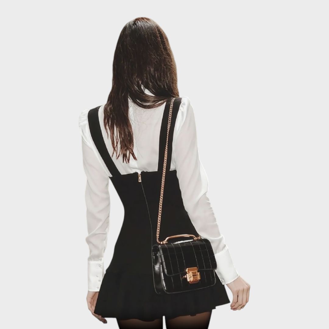 Maricris | Black Suspender Skirt And White Shirt Suit Set With Bow Detail