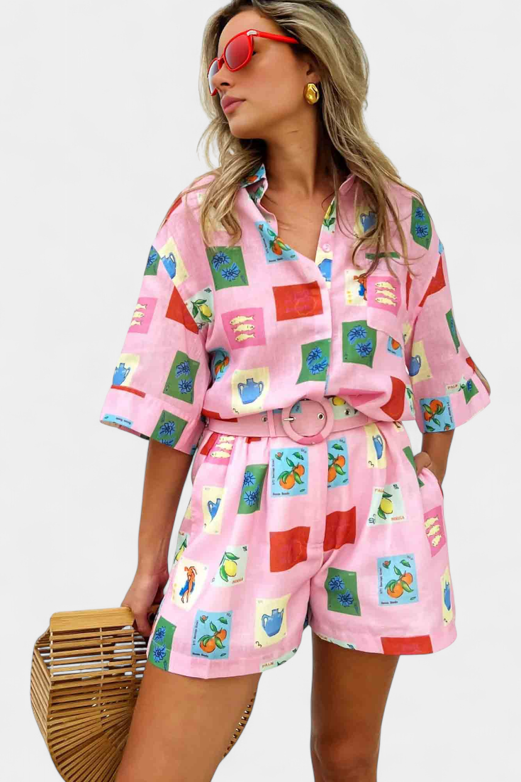 Mariluz Pink Printed Shirt and Shorts Set