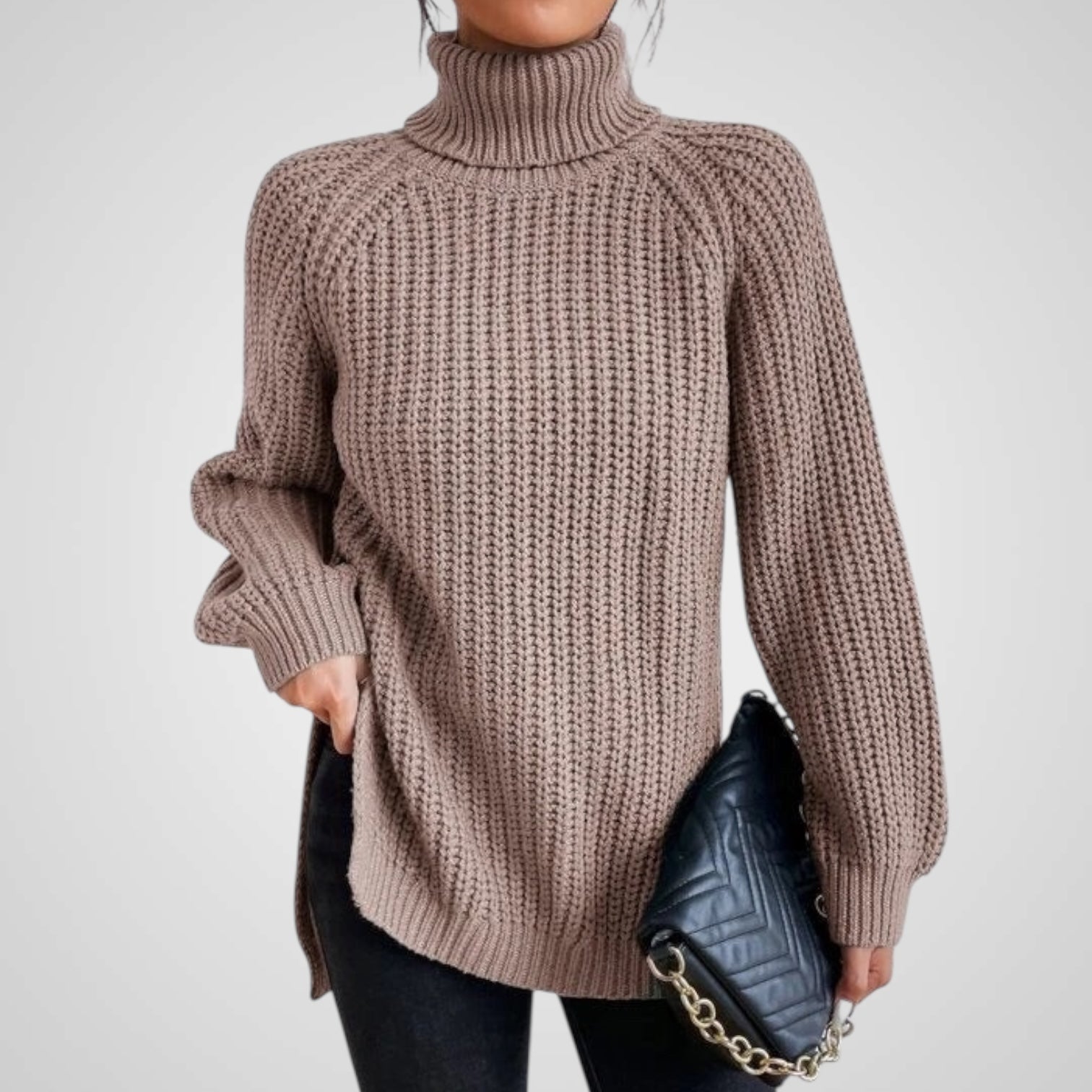 Women's Turtleneck Rib Knit Split Sweater