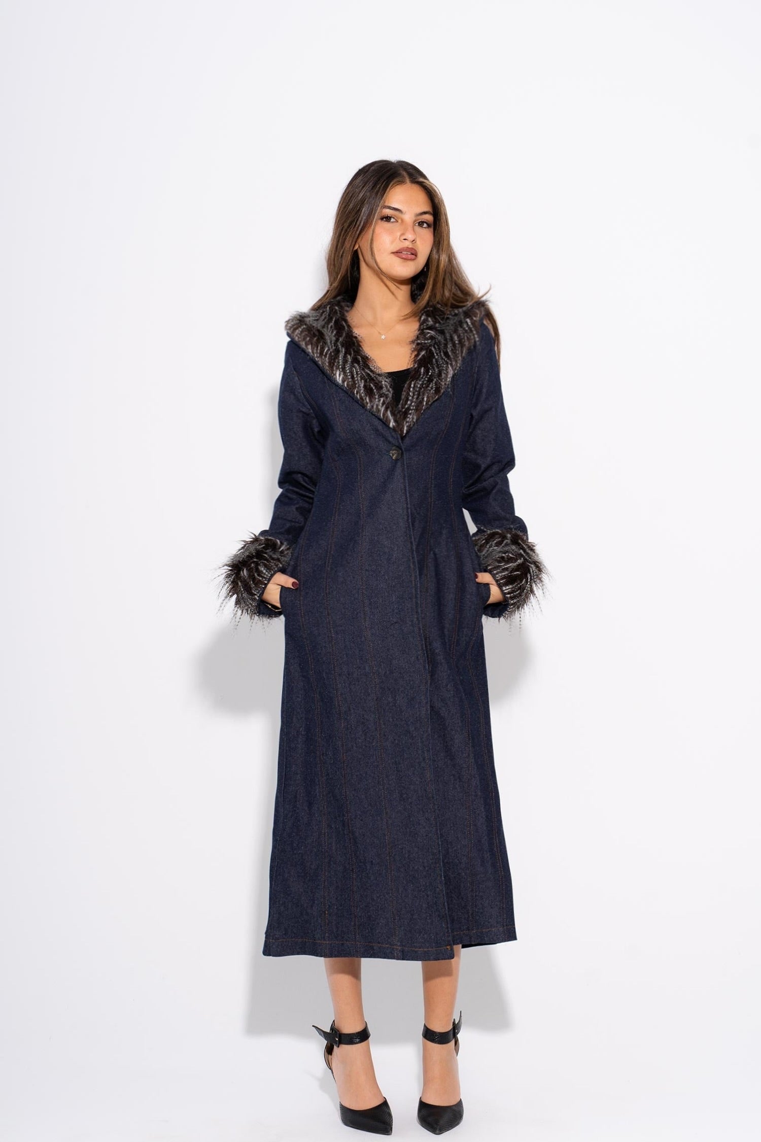 Evlampia | Denim Coat with Fur - Black