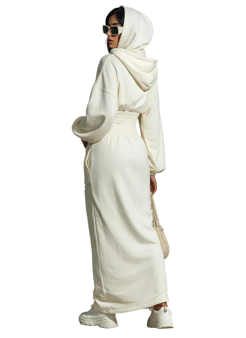 Rachel | Women's Minimalist Waist Shirring Hooded Sweatshirt Maxi Dress