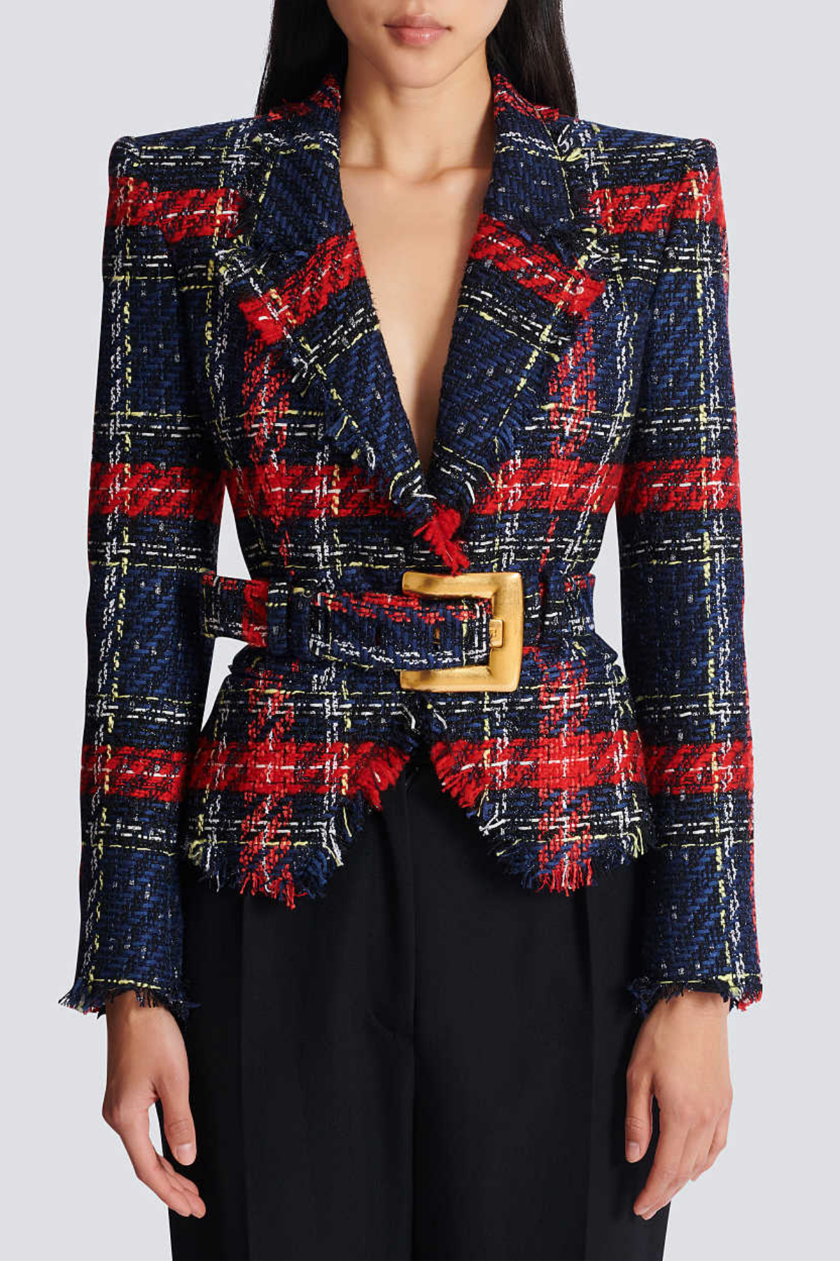 Marcea - Belted Plaid Tweed Jacket