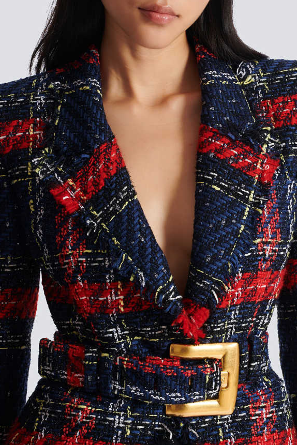 Marcea - Belted Plaid Tweed Jacket