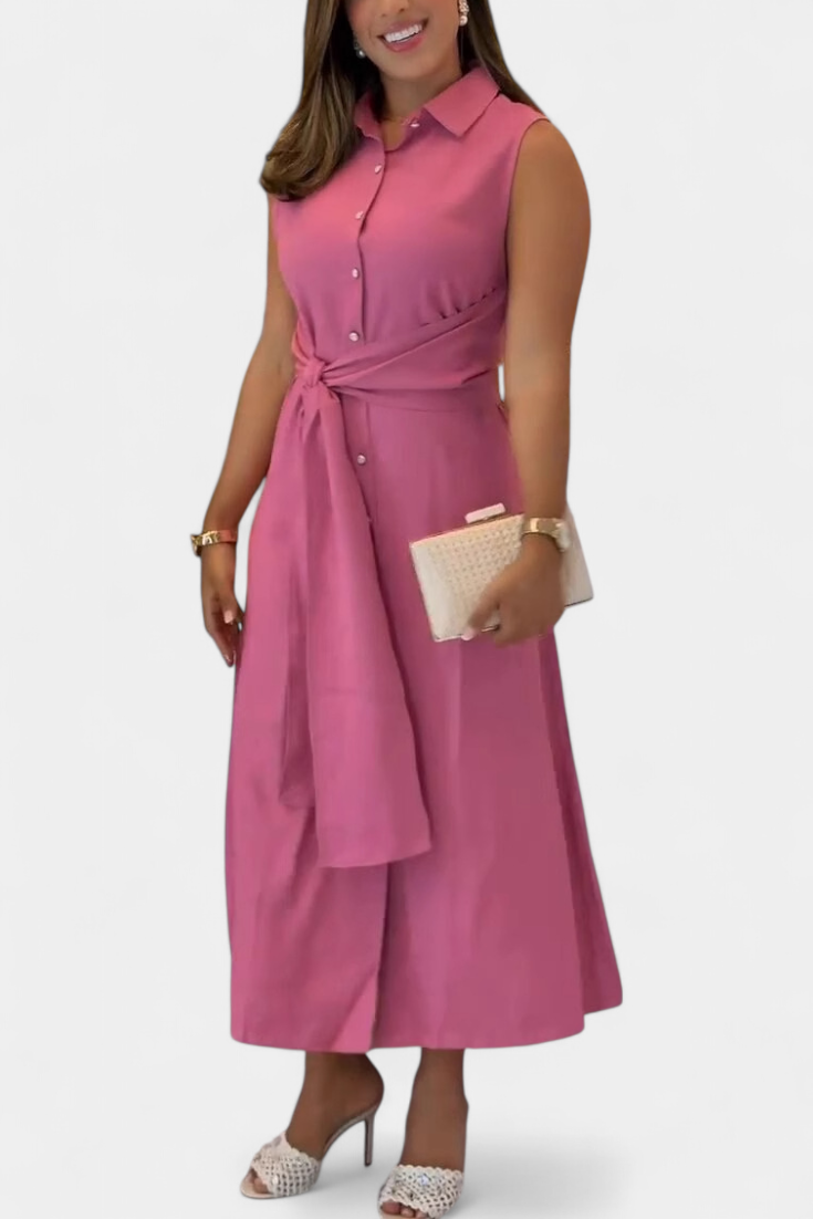 Behnaz Elegant Sleeveless Dress with Belt and Shirt Collar