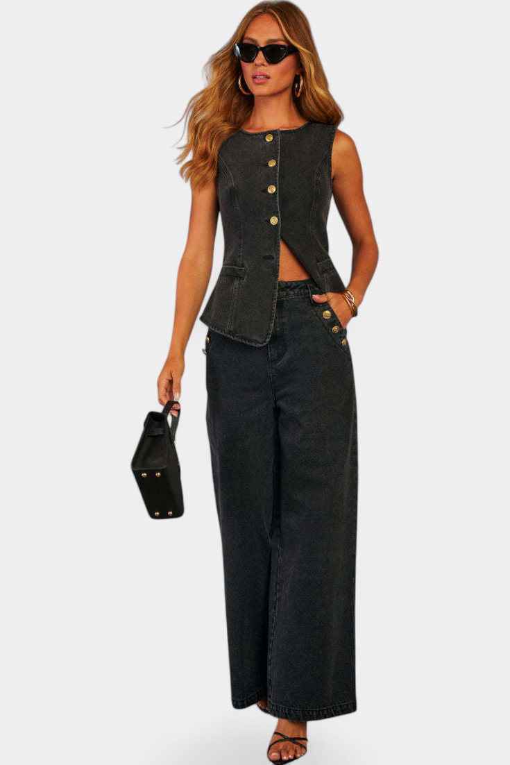 Ludovica Denim Set with Fitted Vest and Wide Leg Pants