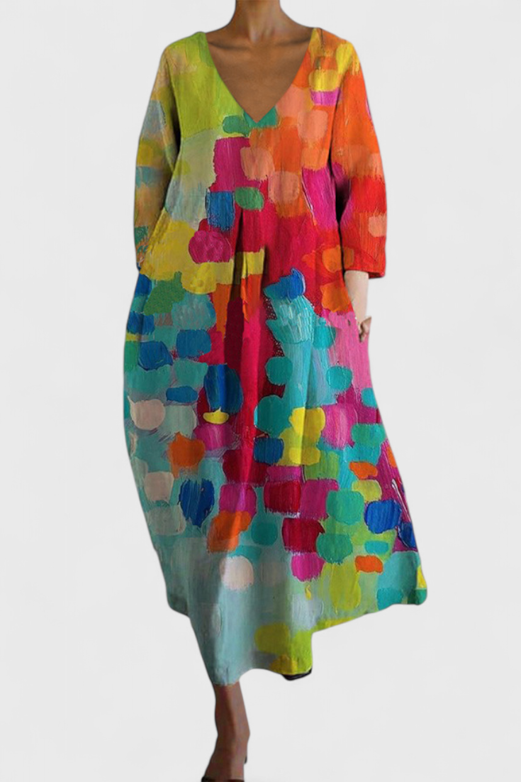 Anne Long Multicolored Dress with V Neckline