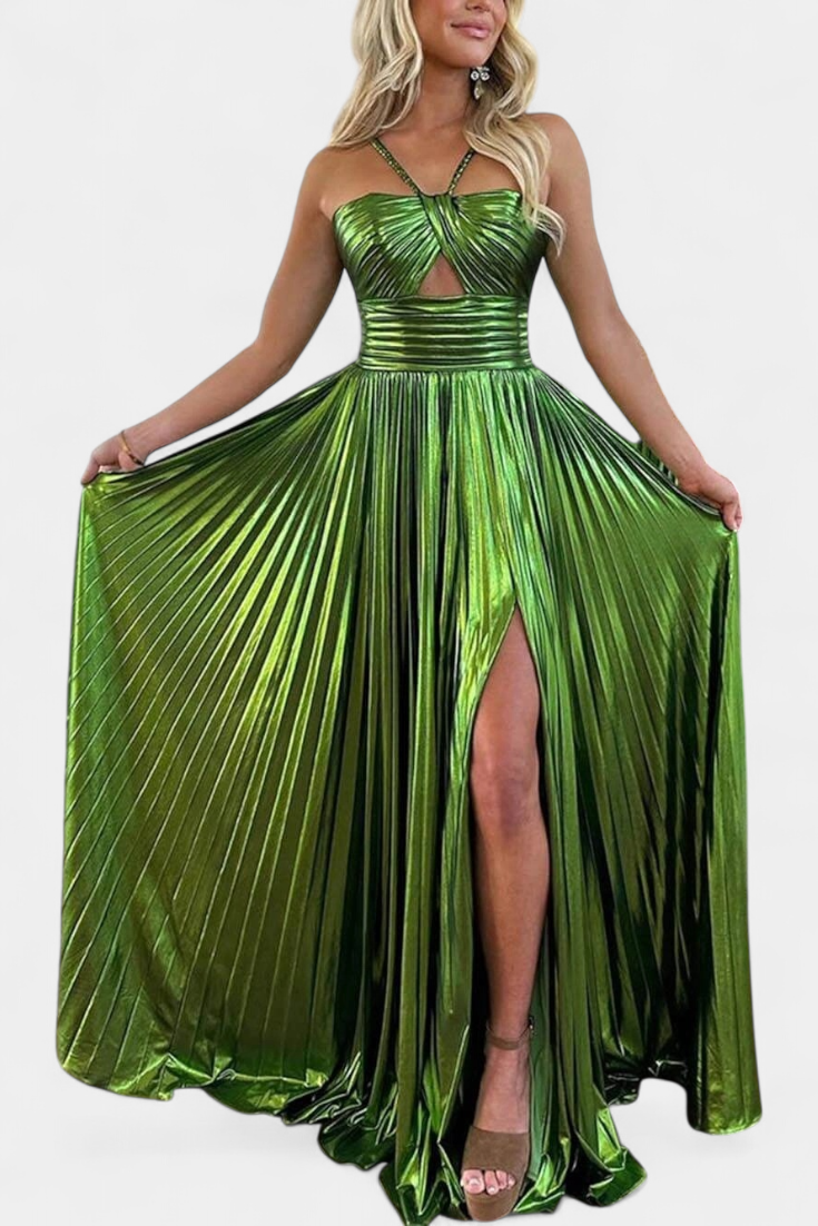 Aikaterini Metallic Maxi Dress with Crisscross Neckline and Slit