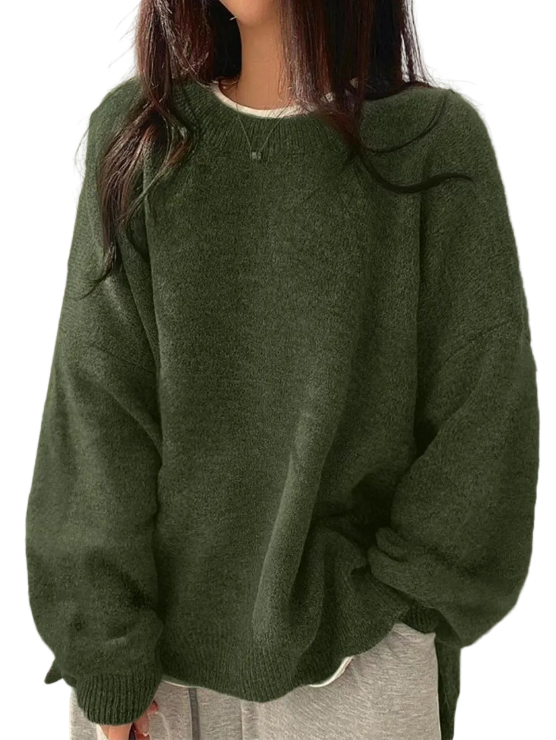 KIARA - Women's Drop Shoulder Split Hem Round Neck Sweater