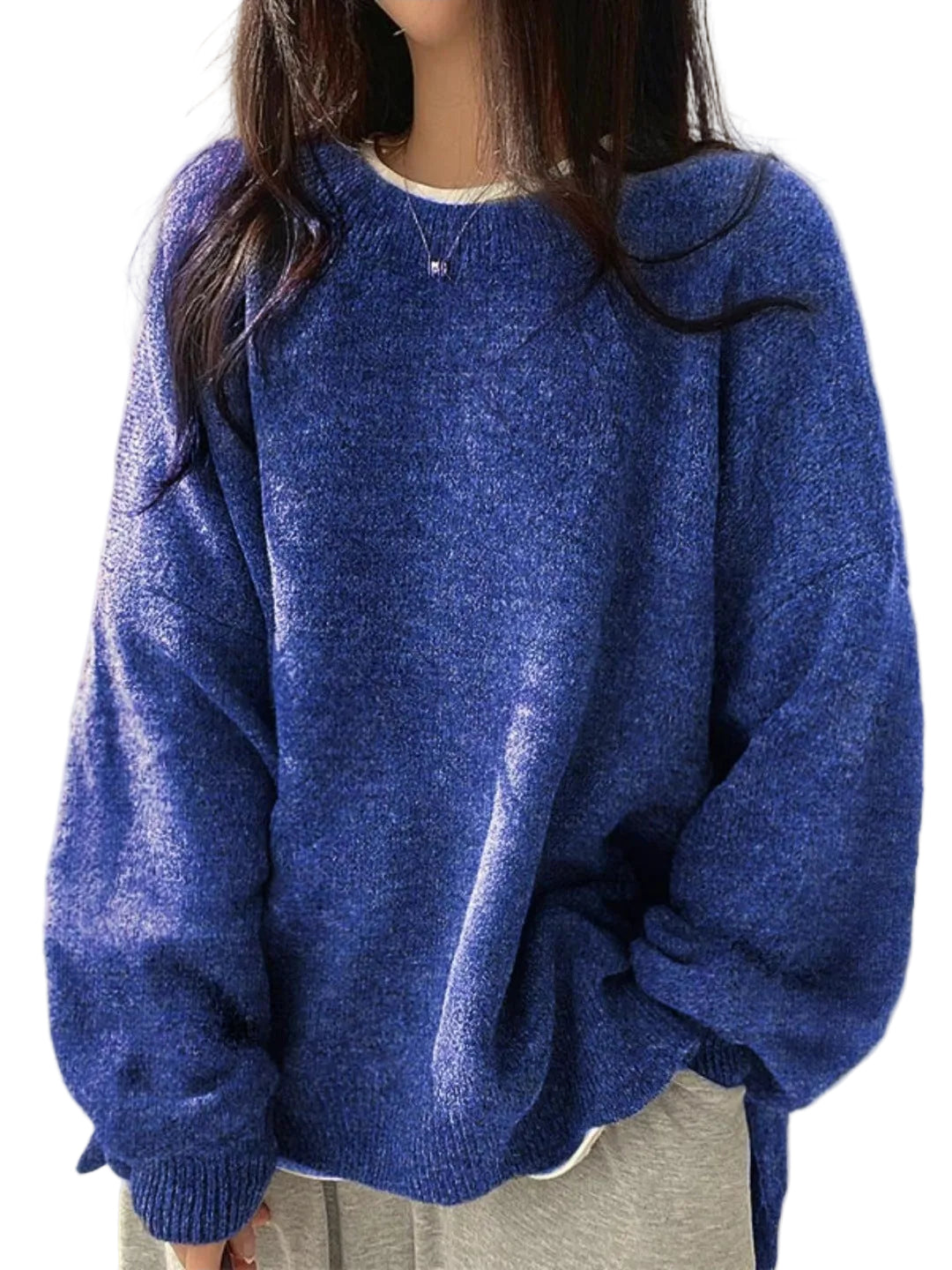 KIARA - Women's Drop Shoulder Split Hem Round Neck Sweater