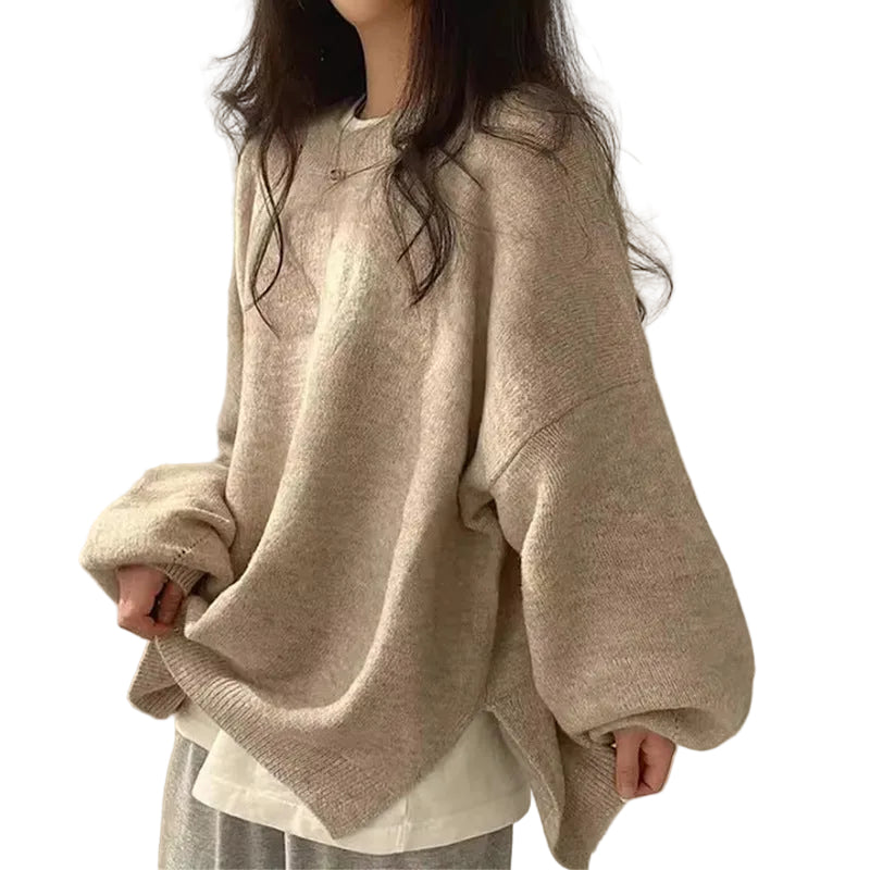 KIARA - Women's Drop Shoulder Split Hem Round Neck Sweater