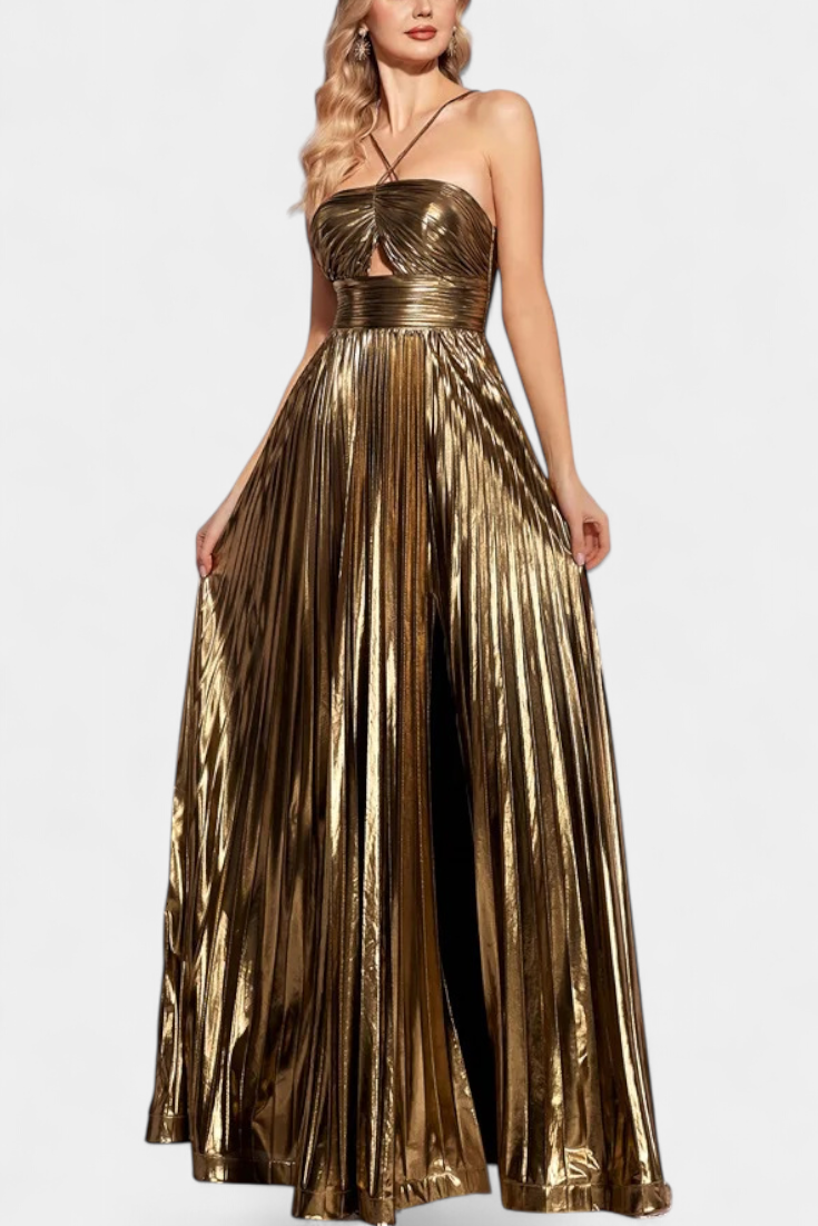 Aikaterini Metallic Maxi Dress with Crisscross Neckline and Slit